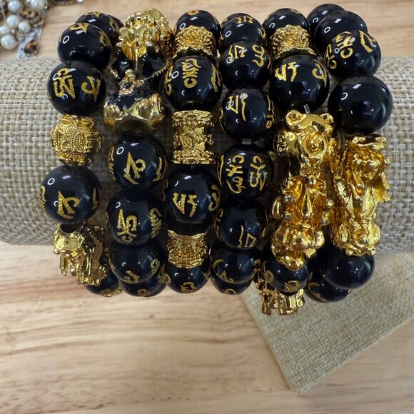 Feng Shui Pixiu Good Luck Bracelet Set Of 6 Stacking Black Beads With Gold - Picture 4 of 4